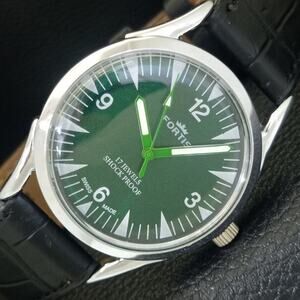 Vintage 1981 Fortis Manual Mens Silver Watch W/Leather Strap & Green accents